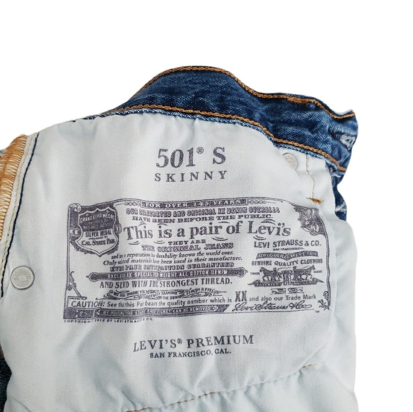 Levi's 501 Skinny Premium Jeans Big "E" Denim Blue Wash Distressed Size 30 hi Ri - Picture 10 of 16